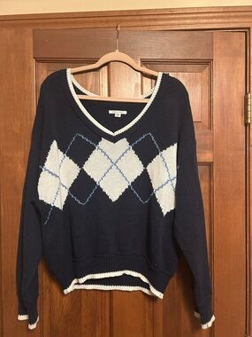 Nautica Navy V-Neck Argyle Sweater with White and Light Blue Accents